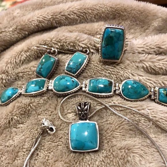 Barse Turquoise Sterling Silver Necklace Earrings Bracelet Ring Rope Accent Set